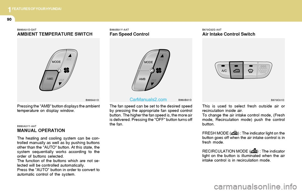 Hyundai Santa Fe 2004  Owners Manual 1FEATURES OF YOUR HYUNDAI
90
B980B01Y-AAT
Fan Speed Control
The fan speed can be set to the desired speed
by pressing the appropriate fan speed control
button. The higher the fan speed is, the more ai
