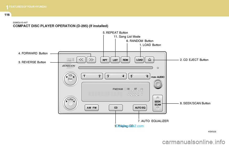 Hyundai Santa Fe 2004  Owners Manual 1FEATURES OF YOUR HYUNDAI
116
D295C01O-AAT
COMPACT DISC PLAYER OPERATION (D-295) (If installed)
8. SEEK/SCAN Button
7. AUTO EQUALIZER
HSM325
3. REVERSE Button
4. FORWARD Button
5. REPEAT Button
11. So