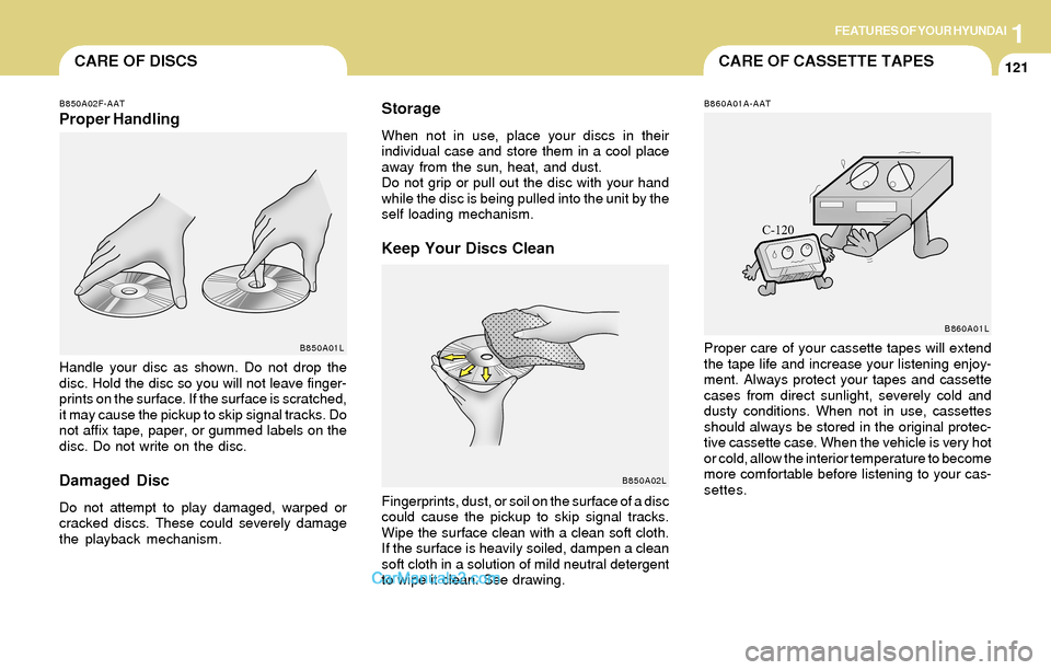 Hyundai Santa Fe 2004  Owners Manual 1FEATURES OF YOUR HYUNDAI
121CARE OF CASSETTE TAPESCARE OF DISCS
B850A02L B850A02F-AAT
Proper HandlingStorageWhen not in use, place your discs in their
individual case and store them in a cool place
a