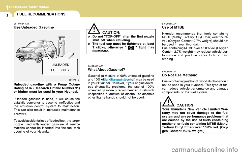 Hyundai Santa Fe 2004  Owners Manual 1FEATURES OF YOUR HYUNDAI
2FUEL RECOMMENDATIONS
CAUTION:Your Hyundais New Vehicle Limited War-
ranty may not cover damage to the fuel
system and any performance problems that
are caused by the use of