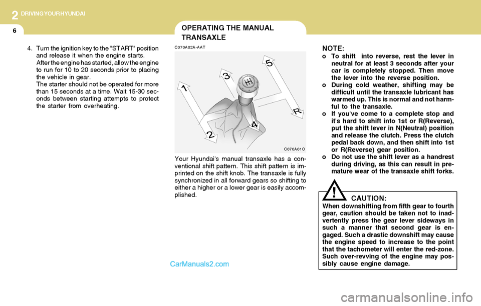 Hyundai Santa Fe 2004  Owners Manual 2DRIVING YOUR HYUNDAI
6OPERATING THE MANUAL
TRANSAXLE
NOTE:
o To shift  into reverse, rest the lever in
neutral for at least 3 seconds after your
car is completely stopped. Then move
the lever into th