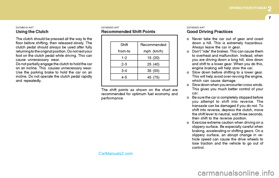 Hyundai Santa Fe 2004  Owners Manual 2DRIVING YOUR HYUNDAI
7
C070B01A-AAT
Using the Clutch
The clutch should be pressed all the way to the
floor before shifting, then released slowly. The
clutch pedal should always be used after fully
re