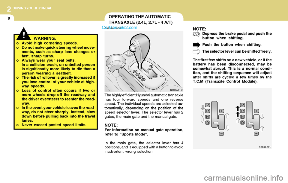 Hyundai Santa Fe 2004  Owners Manual 2DRIVING YOUR HYUNDAI
8OPERATING THE AUTOMATIC
TRANSAXLE (2.4L, 2.7L - 4 A/T)
!WARNING:o Avoid high cornering speeds.
o Do not make quick steering wheel move-
ments, such as sharp lane changes or
fast