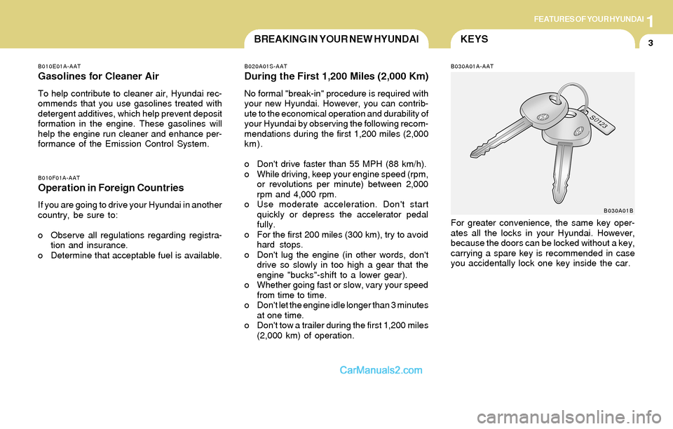 Hyundai Santa Fe 2004 User Guide 1FEATURES OF YOUR HYUNDAI
3KEYSBREAKING IN YOUR NEW HYUNDAI
B010F01A-AAT
Operation in Foreign Countries
If you are going to drive your Hyundai in another
country, be sure to:
o Observe all regulations