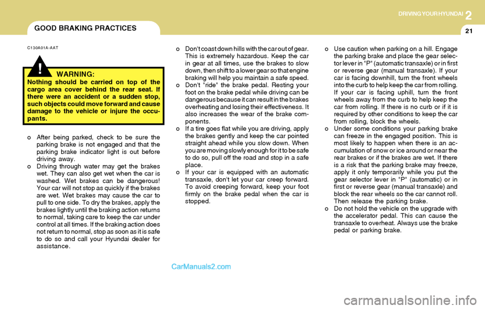 Hyundai Santa Fe 2004 Owners Manual 2DRIVING YOUR HYUNDAI
21GOOD BRAKING PRACTICES
o Use caution when parking on a hill. Engage
the parking brake and place the gear selec-
tor lever in "P" (automatic transaxle) or in first
or reverse ge Hyundai Santa Fe 2004 Owners Manual 2DRIVING YOUR HYUNDAI
21GOOD BRAKING PRACTICES
o Use caution when parking on a hill. Engage
the parking brake and place the gear selec-
tor lever in "P" (automatic transaxle) or in first
or reverse ge