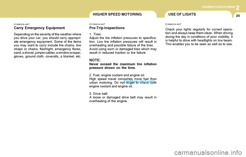 Hyundai Santa Fe 2004  Owners Manual 2DRIVING YOUR HYUNDAI
25HIGHER SPEED MOTORING
C170A01A-AAT
Pre-Trip Inspections
1. Tires:
Adjust the tire inflation pressures to specifica-
tion. Low tire inflation pressures will result in
overheatin