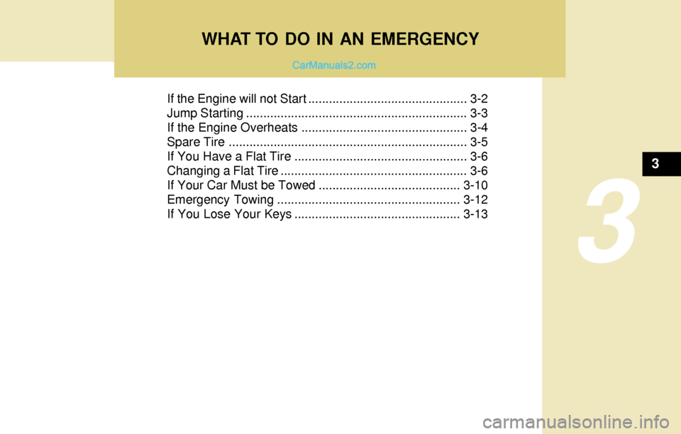 Hyundai Santa Fe 2004 Owners Manual If the Engine will not Start .............................................. 3-2
Jump Starting ................................................................ 3-3
If the Engine Overheats ............. Hyundai Santa Fe 2004 Owners Manual If the Engine will not Start .............................................. 3-2
Jump Starting ................................................................ 3-3
If the Engine Overheats .............