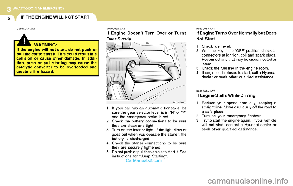Hyundai Santa Fe 2004  Owners Manual 3
2
WHAT TO DO IN AN EMERGENCY
IF THE ENGINE WILL NOT START
!
D010A01A-AAT D010B02A-AAT
If Engine Doesnt Turn Over or Turns
Over Slowly
D010C01Y-AAT
If Engine Turns Over Normally but Does
Not Start
1