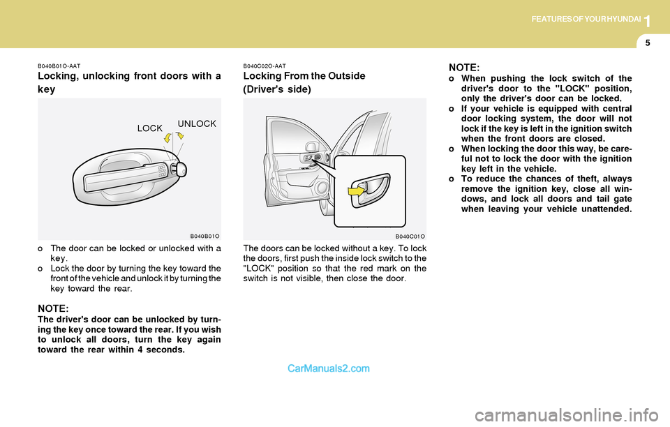 Hyundai Santa Fe 2004  Owners Manual 1FEATURES OF YOUR HYUNDAI
5
B040B01O-AAT
Locking, unlocking front doors with a
key
o The door can be locked or unlocked with a
key.
o Lock the door by turning the key toward the
front of the vehicle a