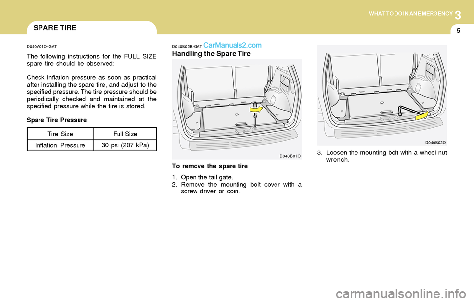 Hyundai Santa Fe 2004  Owners Manual 3WHAT TO DO IN AN EMERGENCY
5SPARE TIRE
D040A01O-GAT
The following instructions for the FULL SIZE
spare tire should be observed:
Check inflation pressure as soon as practical
after installing the spar