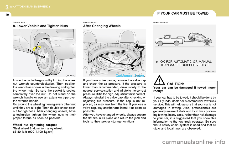 Hyundai Santa Fe 2004  Owners Manual 3
10
WHAT TO DO IN AN EMERGENCY
IF YOUR CAR MUST BE TOWED
!
D080A01A-AAT D060I01E-AAT
8. Lower Vehicle and Tighten Nuts
D060J02O-AAT
After Changing Wheels
Lower the car to the ground by turning the wh