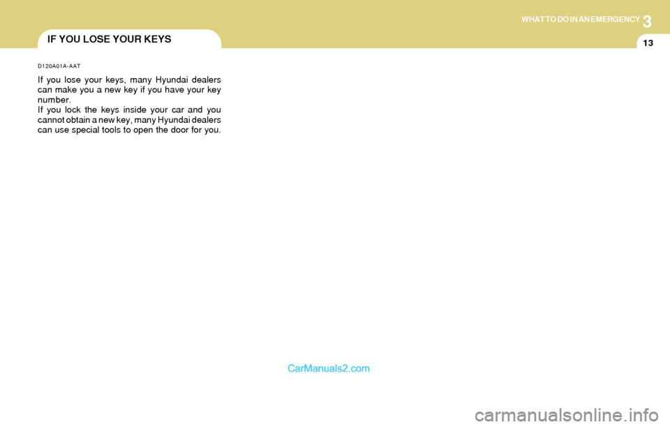 Hyundai Santa Fe 2004  Owners Manual 3WHAT TO DO IN AN EMERGENCY
13IF YOU LOSE YOUR KEYS
D120A01A-AAT
If you lose your keys, many Hyundai dealers
can make you a new key if you have your key
number.
If you lock the keys inside your car an