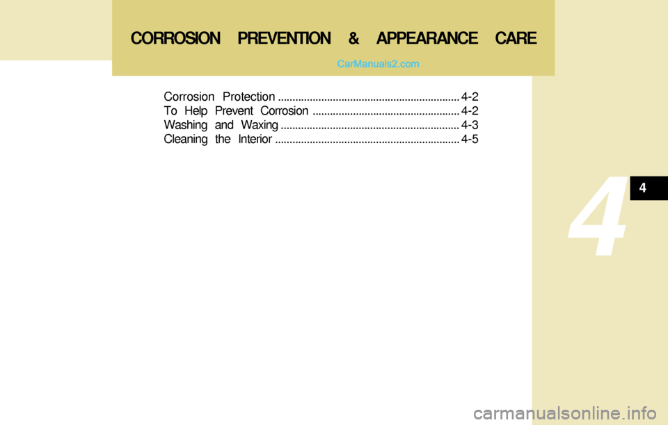 Hyundai Santa Fe 2004  Owners Manual 4
Corrosion Protection............................................................... 4-2
To Help Prevent Corrosion................................................... 4-2
Washing and Waxing...........