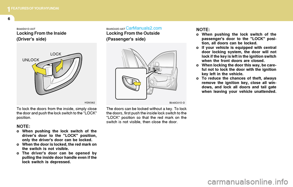 Hyundai Santa Fe 2004 User Guide 1FEATURES OF YOUR HYUNDAI
6
The doors can be locked without a key. To lock
the doors, first push the inside lock switch to the
"LOCK" position so that the red mark on the
switch is not visible, then c
