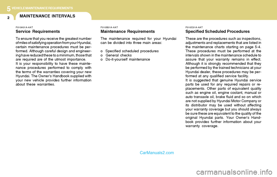 Hyundai Santa Fe 2004  Owners Manual 5VEHICLE MAINTENANCE REQUIREMENTS
2
F010C01A-AAT
Specified Scheduled Procedures
These are the procedures such as inspections,
adjustments and replacements that are listed in
the maintenance charts sta