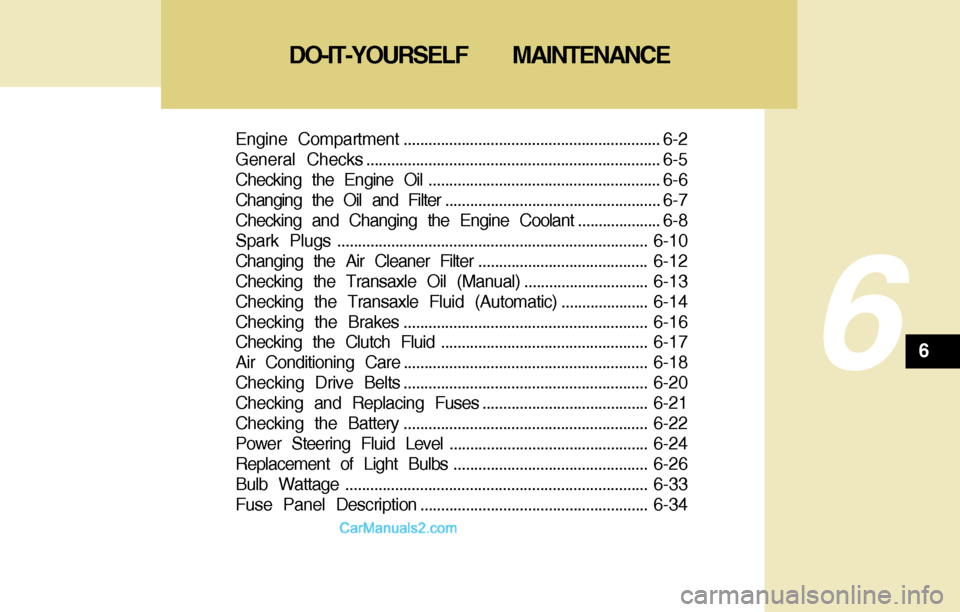 Hyundai Santa Fe 2004  Owners Manual 6
Engine Compartment.............................................................. 6-2
General Checks....................................................................... 6-5
Checking the Engine Oil