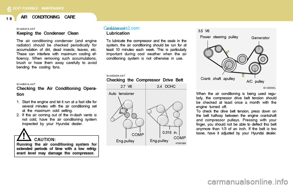 Hyundai Santa Fe 2004  Owners Manual 6DO-IT-YOURSELF MAINTENANCE
18AIR CONDITIONING CARE
When the air conditioning is being used regu-
larly, the compressor drive belt tension should
be checked at least once a month with the
engine turne