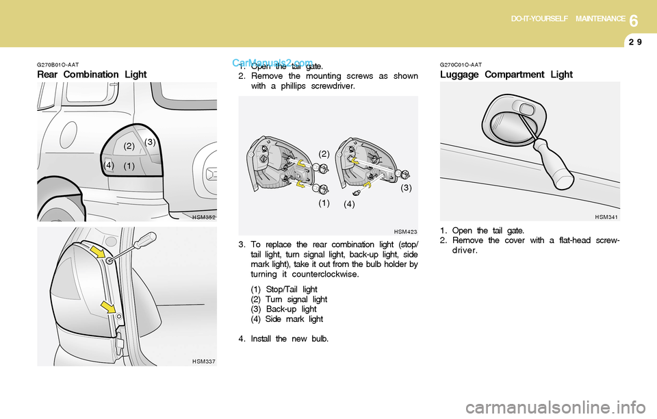 Hyundai Santa Fe 2004  Owners Manual 6DO-IT-YOURSELF MAINTENANCE
29
HSM337 G270B01O-AAT
Rear Combination Light1 . Open the tail gate.
2. Remove the mounting screws as shown
with a phillips screwdriver.
HSM352
(1) (2)(3)
(4)
HSM423
3 . To