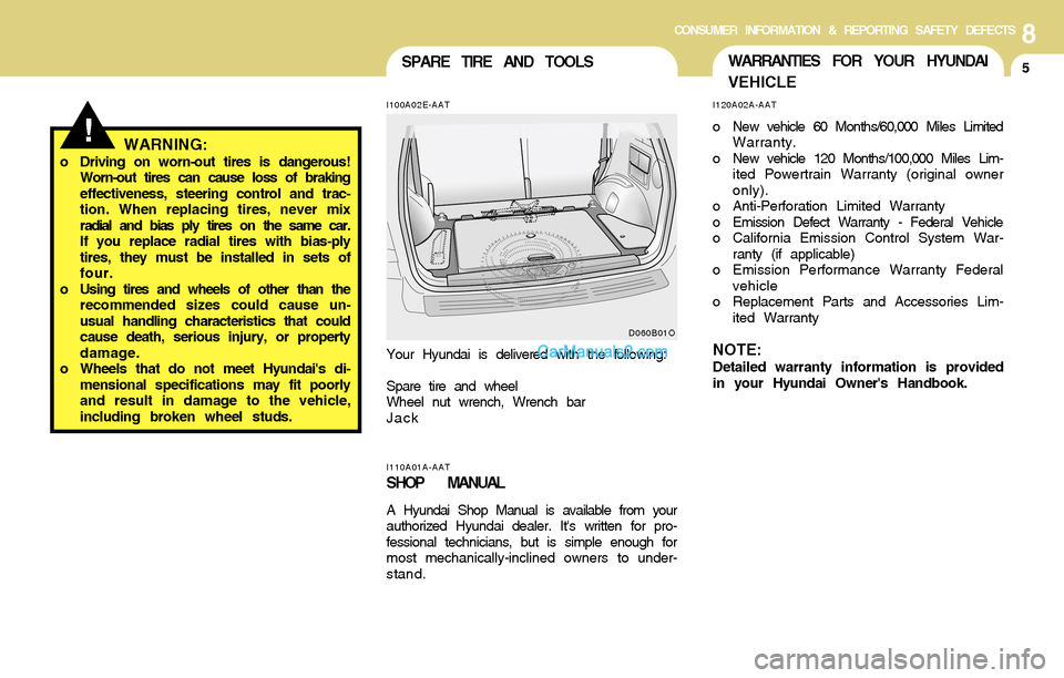 Hyundai Santa Fe 2004  Owners Manual 8CONSUMER INFORMATION & REPORTING SAFETY DEFECTS
5SPARE TIRE AND TOOLS
!
I110A01A-AAT
SHOP MANUAL
A Hyundai Shop Manual is available from your
authorized Hyundai dealer. Its written for pro-
fessiona