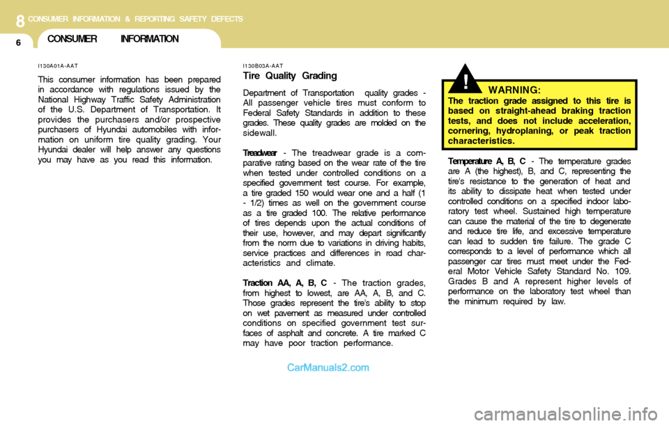 Hyundai Santa Fe 2004  Owners Manual 8CONSUMER INFORMATION & REPORTING SAFETY DEFECTS
6CONSUMER INFORMATION
WARNING:The traction grade assigned to this tire is
based on straight-ahead braking traction
tests, and does not include accelera