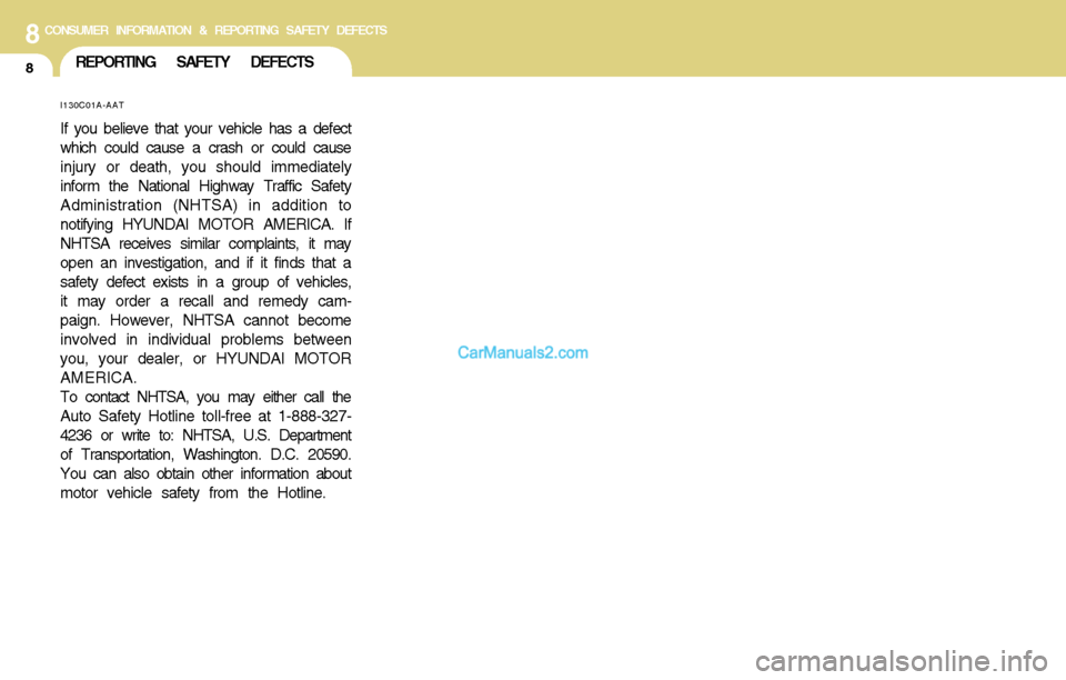 Hyundai Santa Fe 2004  Owners Manual 8CONSUMER INFORMATION & REPORTING SAFETY DEFECTS
8REPORTING SAFETY DEFECTS
I130C01A-AAT
If you believe that your vehicle has a defect
which could cause a crash or could cause
injury or death, you shou