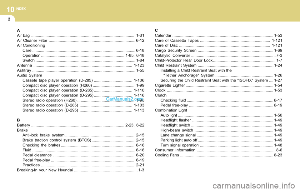 Hyundai Santa Fe 2004  Owners Manual 10INDEX
2
A
Air bag ...............................................................................................1-31
Air Cleaner Filter .............................................................