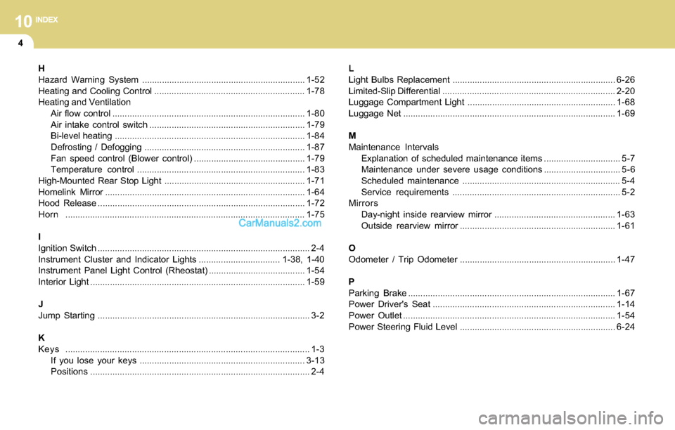 Hyundai Santa Fe 2004  Owners Manual 10INDEX
4
H
Hazard Warning System ..................................................................1-52
Heating and Cooling Control .............................................................1-78
H