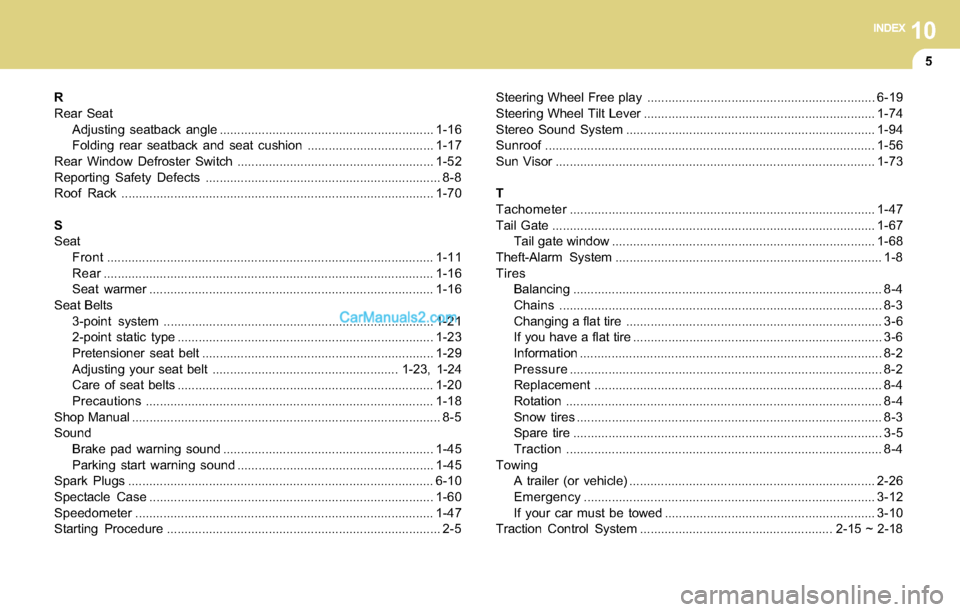Hyundai Santa Fe 2004  Owners Manual 10INDEX
5
R
Rear Seat
Adjusting seatback angle .............................................................1-16
Folding rear seatback and seat cushion ....................................1-17
Rear Wi