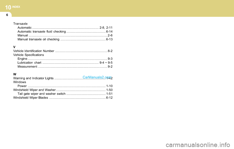 Hyundai Santa Fe 2004 Owners Manual 10INDEX
6
Transaxle
Automatic.............................................................................. 2-8, 2-11
Automatic transaxle fluid checking ..............................................6 Hyundai Santa Fe 2004 Owners Manual 10INDEX
6
Transaxle
Automatic.............................................................................. 2-8, 2-11
Automatic transaxle fluid checking ..............................................6
