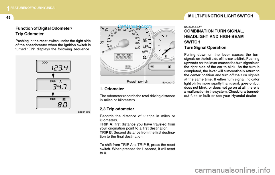 Hyundai Santa Fe 2004  Owners Manual 1FEATURES OF YOUR HYUNDAI
48MULTI-FUNCTION LIGHT SWITCH
1. Odometer
The odometer records the total driving distance
in miles or kilometers.
2,3 Trip odometer
Records the distance of 2 trips in miles o