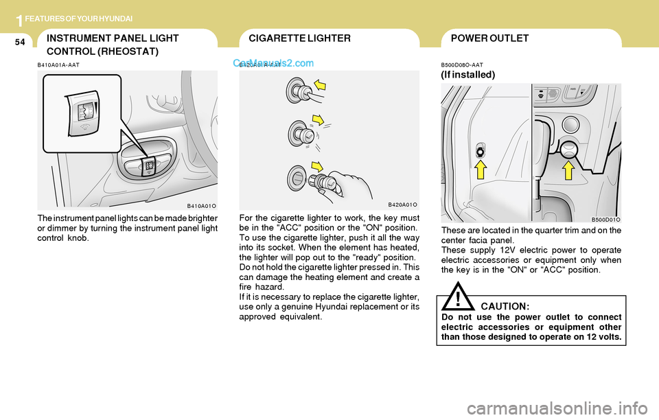 Hyundai Santa Fe 2004 Repair Manual 1FEATURES OF YOUR HYUNDAI
54POWER OUTLET
B500D08O-AAT
(If installed)
These are located in the quarter trim and on the
center facia panel.
These supply 12V electric power to operate
electric accessorie Hyundai Santa Fe 2004 Repair Manual 1FEATURES OF YOUR HYUNDAI
54POWER OUTLET
B500D08O-AAT
(If installed)
These are located in the quarter trim and on the
center facia panel.
These supply 12V electric power to operate
electric accessorie