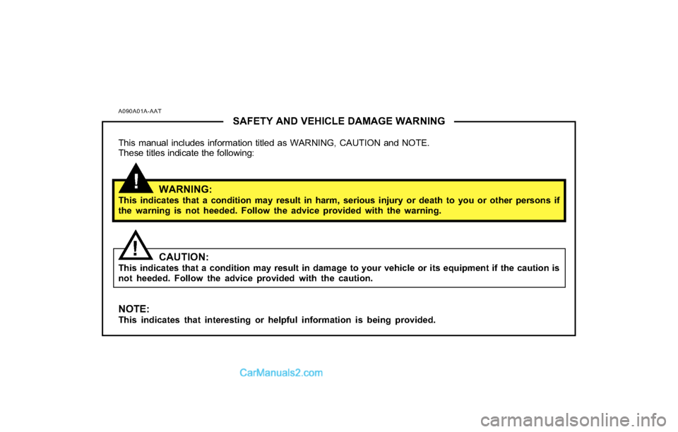 Hyundai Santa Fe 2004  Owners Manual A090A01A-AAT
SAFETY AND VEHICLE DAMAGE WARNING
This manual includes information titled as WARNING, CAUTION and NOTE.
These titles indicate the following:
WARNING:This indicates that a condition may re