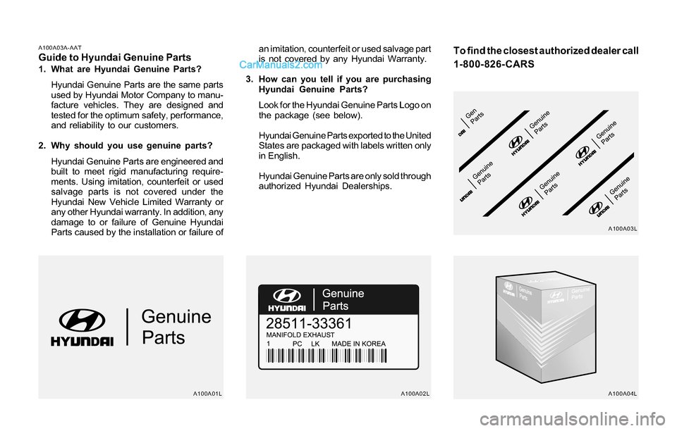 Hyundai Santa Fe 2004  Owners Manual A100A03A-AATGuide to Hyundai Genuine Parts1. What are Hyundai Genuine Parts?
Hyundai Genuine Parts are the same parts
used by Hyundai Motor Company to manu-
facture vehicles. They are designed and
tes