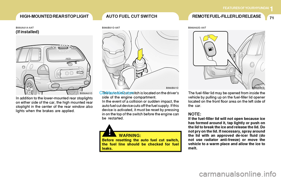 Hyundai Santa Fe 2004  Owners Manual 1FEATURES OF YOUR HYUNDAI
71REMOTE FUEL-FILLER LID RELEASEAUTO FUEL CUT SWITCHHIGH-MOUNTED REAR STOP LIGHT
B550A01A-AAT
(If installed)
In addition to the lower-mounted rear stoplights
on either side o