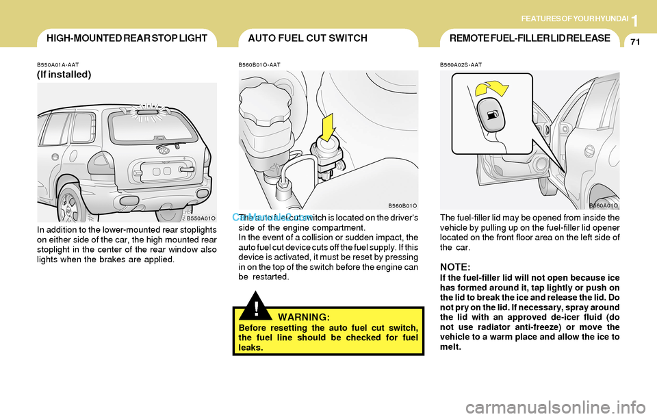 Hyundai Santa Fe 2004 Manual Online 1FEATURES OF YOUR HYUNDAI
71REMOTE FUEL-FILLER LID RELEASEAUTO FUEL CUT SWITCHHIGH-MOUNTED REAR STOP LIGHT
B550A01A-AAT
(If installed)
In addition to the lower-mounted rear stoplights
on either side o Hyundai Santa Fe 2004 Manual Online 1FEATURES OF YOUR HYUNDAI
71REMOTE FUEL-FILLER LID RELEASEAUTO FUEL CUT SWITCHHIGH-MOUNTED REAR STOP LIGHT
B550A01A-AAT
(If installed)
In addition to the lower-mounted rear stoplights
on either side o