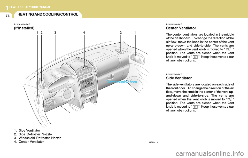 Hyundai Santa Fe 2004 Owners Manual 1FEATURES OF YOUR HYUNDAI
78HEATING AND COOLING CONTROL
HSM417 B710A01O-GAT
(If installed)
1. Side Ventilator
2. Side Defroster Nozzle
3. Windshield Defroster Nozzle
4. Center Ventilator
B710B02O-AAT
