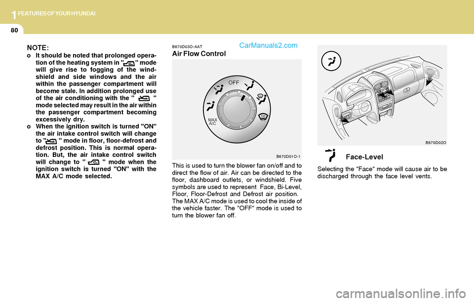 Hyundai Santa Fe 2004 Owners Manual 1FEATURES OF YOUR HYUNDAI
80
B670D03O-AAT
Air Flow Control
This is used to turn the blower fan on/off and to
direct the flow of air. Air can be directed to the
floor, dashboard outlets, or windshield.