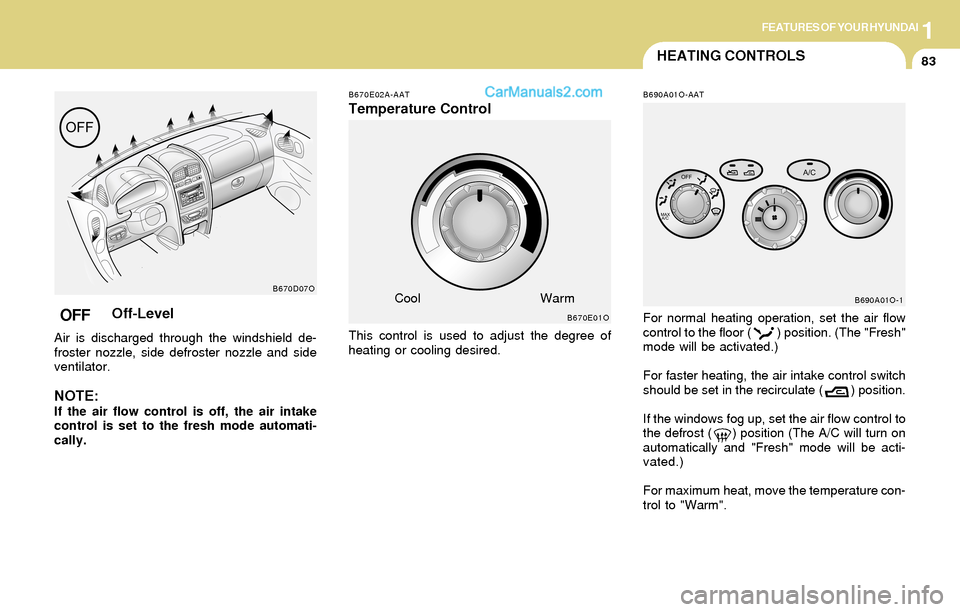 Hyundai Santa Fe 2004 Owners Manual 1FEATURES OF YOUR HYUNDAI
83HEATING CONTROLS
B690A01O-AAT
For normal heating operation, set the air flow
control to the floor (        ) position. (The "Fresh"
mode will be activated.)
For faster heat