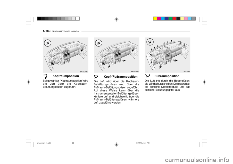 Hyundai Santa Fe 2004 Betriebsanleitung (in German) 1- 90 ELGENSCHAFTEN DES HYUNDAI
Kopfraumposition
Bei gewählter "Kopfraumposition" wird die Luft über die Kopfraum-Belüftungsdüsen zugeführt. Kopf-/Fußraumposition
Die Luft wird über die Kopfra Hyundai Santa Fe 2004 Betriebsanleitung (in German) 1- 90 ELGENSCHAFTEN DES HYUNDAI
Kopfraumposition
Bei gewählter "Kopfraumposition" wird die Luft über die Kopfraum-Belüftungsdüsen zugeführt. Kopf-/Fußraumposition
Die Luft wird über die Kopfra