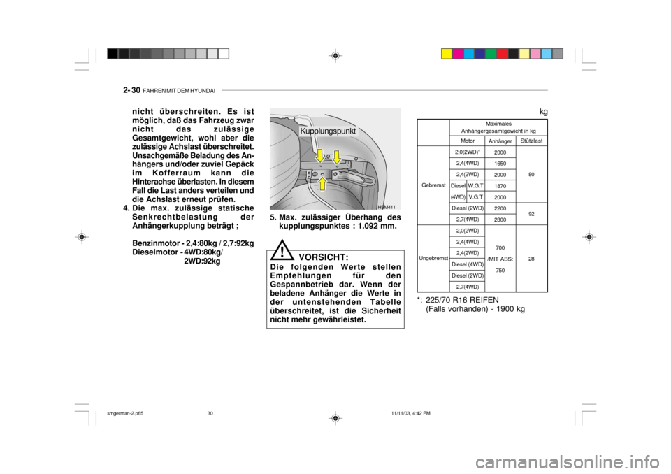 Hyundai Santa Fe 2004  Betriebsanleitung (in German) 2- 30  FAHREN MIT DEM HYUNDAI
nicht überschreiten. Es ist möglich, daß das Fahrzeug zwar nicht das zulässigeGesamtgewicht, wohl aber die zulässige Achslast überschreitet. Unsachgemäße Beladung