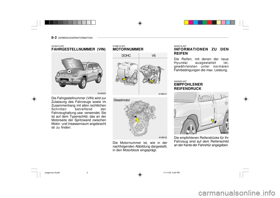 Hyundai Santa Fe 2004 Betriebsanleitung (in German) 8- 2 VERBRAUGHERIN FORMATION
I030A02O-AST EMPFOHLENER REIFENDRUCK Die empfohlenen Reifendrücke für Ihr Fahrzeug sind auf dem Reifenschild an der Kante der Fahrertür angegeben.
I020A01A-AST INFORM Hyundai Santa Fe 2004 Betriebsanleitung (in German) 8- 2 VERBRAUGHERIN FORMATION
I030A02O-AST EMPFOHLENER REIFENDRUCK Die empfohlenen Reifendrücke für Ihr Fahrzeug sind auf dem Reifenschild an der Kante der Fahrertür angegeben.
I020A01A-AST INFORM