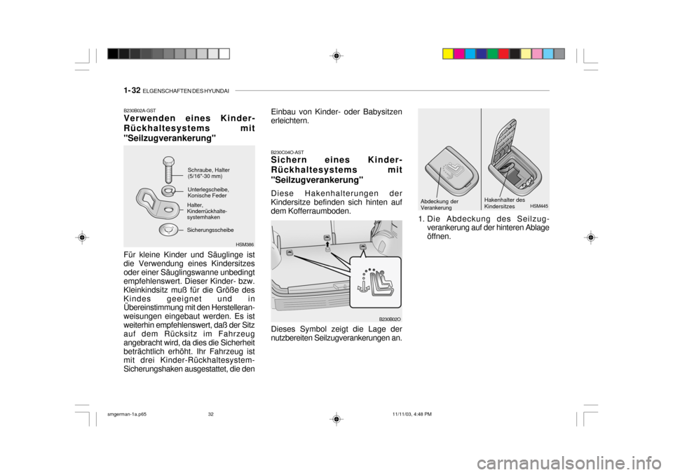 Hyundai Santa Fe 2004  Betriebsanleitung (in German) 1- 32  ELGENSCHAFTEN DES HYUNDAI
1. Die Abdeckung des Seilzug-
verankerung auf der hinteren Ablage öffnen. HSM445
Abdeckung der Verankerung
Hakenhalter des Kindersitzes
HSM386
B230B02A-GST Verwenden 