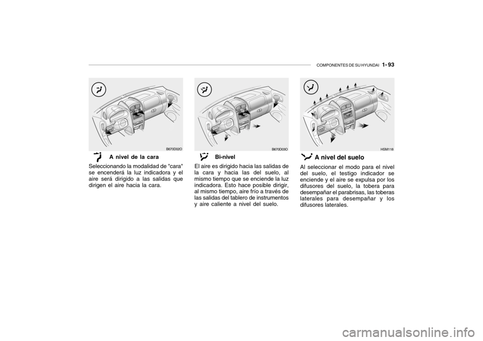 Hyundai Santa Fe 2004 Manual del propietario (in Spanish) COMPONENTES DE SU HYUNDAI 1- 93
B670D03O
HSM118
Bi-nivel
El aire es dirigido hacia las salidas de
la cara y hacia las del suelo, al mismo tiempo que se enciende la luzindicadora. Esto hace posible d Hyundai Santa Fe 2004 Manual del propietario (in Spanish) COMPONENTES DE SU HYUNDAI 1- 93
B670D03O
HSM118
Bi-nivel
El aire es dirigido hacia las salidas de
la cara y hacia las del suelo, al mismo tiempo que se enciende la luzindicadora. Esto hace posible d