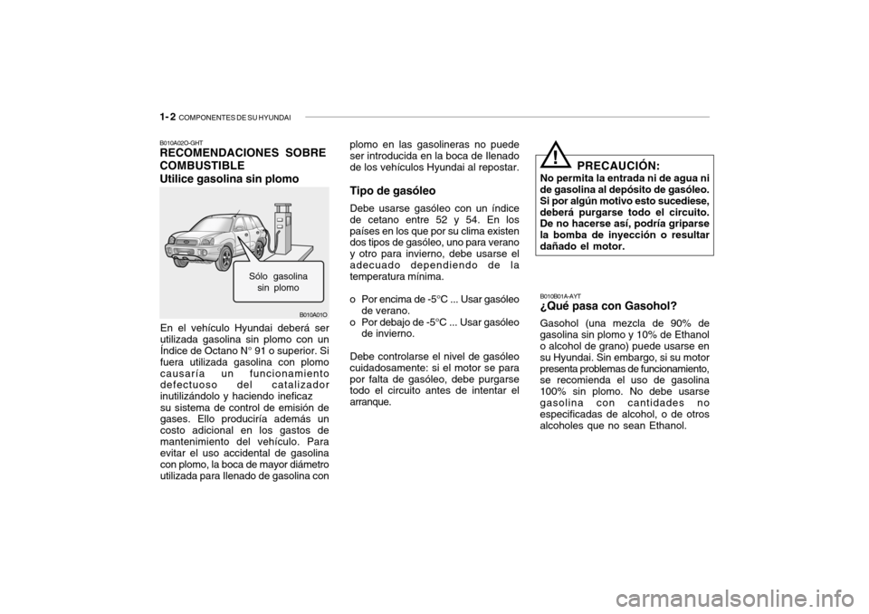 Hyundai Santa Fe 2004 Manual del propietario (in Spanish) 1- 2 COMPONENTES DE SU HYUNDAI
B010A01O
B010A02O-GHT RECOMENDACIONES SOBRE COMBUSTIBLEUtilice gasolina sin plomo
En el vehículo Hyundai deberá ser utilizada gasolina sin plomo con un Índice de Oct Hyundai Santa Fe 2004 Manual del propietario (in Spanish) 1- 2 COMPONENTES DE SU HYUNDAI
B010A01O
B010A02O-GHT RECOMENDACIONES SOBRE COMBUSTIBLEUtilice gasolina sin plomo
En el vehículo Hyundai deberá ser utilizada gasolina sin plomo con un Índice de Oct