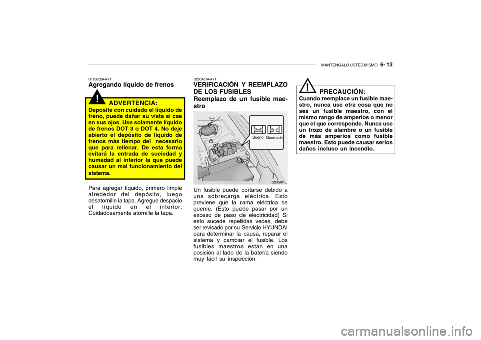 Hyundai Santa Fe 2004  Manual del propietario (in Spanish) MANTENGALO USTED MISMO   6- 13
!
G120E02A-AYT Agregando líquido de frenos
ADVERTENCIA:
Deposite con cuidado el líquido defreno, puede dañar su vista si cae en sus ojos. Use solamente líquidode fre