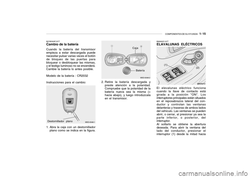 Hyundai Santa Fe 2004 Manual del propietario (in Spanish) COMPONENTES DE SU HYUNDAI 1- 15
MSO-0048-1
MSO-0048-2
Caja
B070E02HP-GYT Cambio de la batería Cuando la batería del transmisor empieza a estar descargada puede necesitar pulsar varias veces el bot Hyundai Santa Fe 2004 Manual del propietario (in Spanish) COMPONENTES DE SU HYUNDAI 1- 15
MSO-0048-1
MSO-0048-2
Caja
B070E02HP-GYT Cambio de la batería Cuando la batería del transmisor empieza a estar descargada puede necesitar pulsar varias veces el bot