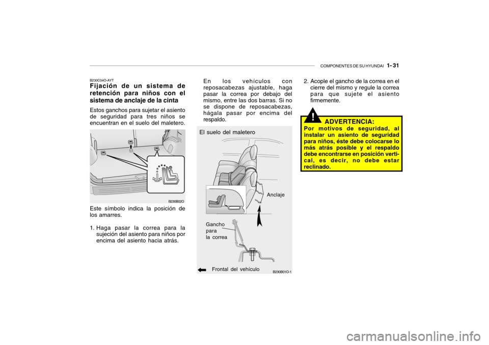 Hyundai Santa Fe 2004 Manual del propietario (in Spanish) COMPONENTES DE SU HYUNDAI 1- 31
!
B230C04O-AYT Fijación de un sistema de retención para niños con elsistema de anclaje de la cinta Estos ganchos para sujetar el asiento de seguridad para tres nià Hyundai Santa Fe 2004 Manual del propietario (in Spanish) COMPONENTES DE SU HYUNDAI 1- 31
!
B230C04O-AYT Fijación de un sistema de retención para niños con elsistema de anclaje de la cinta Estos ganchos para sujetar el asiento de seguridad para tres niÃ