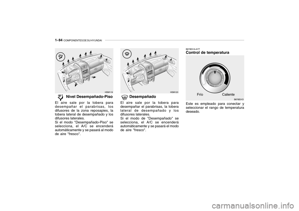 Hyundai Santa Fe 2004 Manual del propietario (in Spanish) 1- 84 COMPONENTES DE SU HYUNDAI
B670E01A-AYT Control de temperatura Este es empleado para conectar y
seleccionar el rango de temperatura deseado.
B670E01O
HSM120HSM119
Nivel Desempañado-Piso
El ai Hyundai Santa Fe 2004 Manual del propietario (in Spanish) 1- 84 COMPONENTES DE SU HYUNDAI
B670E01A-AYT Control de temperatura Este es empleado para conectar y
seleccionar el rango de temperatura deseado.
B670E01O
HSM120HSM119
Nivel Desempañado-Piso
El ai