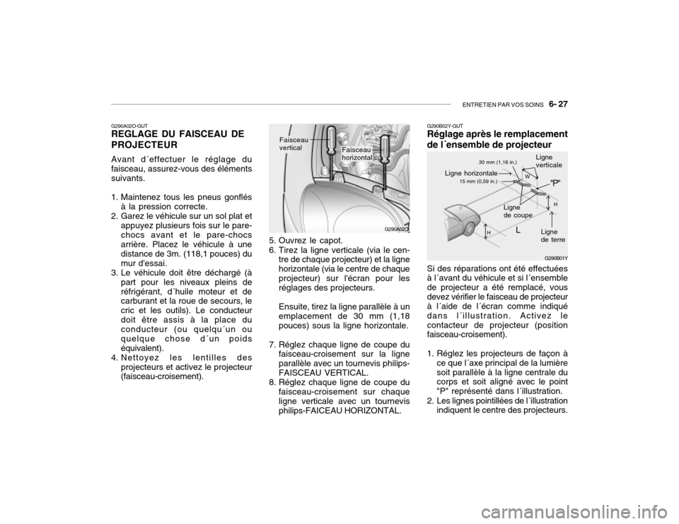 Hyundai Santa Fe 2004 Manuel du propriétaire (in French) ENTRETIEN PAR VOS SOINS 6- 27
G290A02O
Faisceau vertical
G290A02O-GUT REGLAGE DU FAISCEAU DE PROJECTEUR Avant d´effectuer le réglage du faisceau, assurez-vous des éléments suivants.
1. Maintenez Hyundai Santa Fe 2004 Manuel du propriétaire (in French) ENTRETIEN PAR VOS SOINS 6- 27
G290A02O
Faisceau vertical
G290A02O-GUT REGLAGE DU FAISCEAU DE PROJECTEUR Avant d´effectuer le réglage du faisceau, assurez-vous des éléments suivants.
1. Maintenez