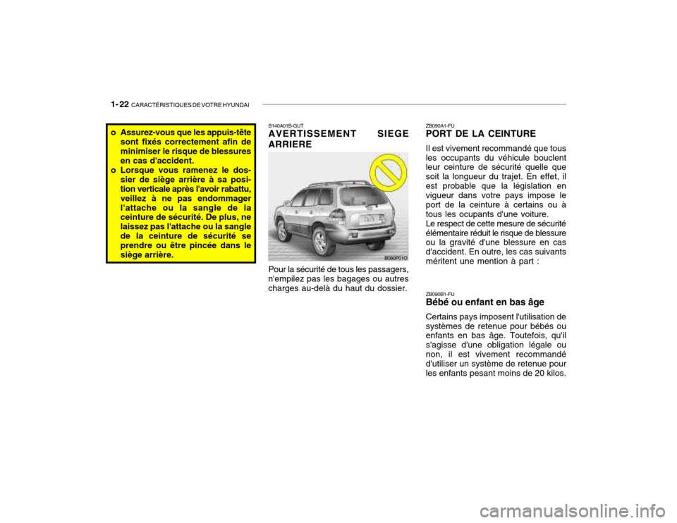 Hyundai Santa Fe 2004  Manuel du propriétaire (in French) 1- 22  CARACTÉRISTIQUES DE VOTRE HYUNDAI
B140A01B-GUT AVERTISSEMENT SIEGE
ARRIERE
Pour la sécurité de tous les passagers,
nempilez pas les bagages ou autres charges au-delà du haut du dossier. ZB